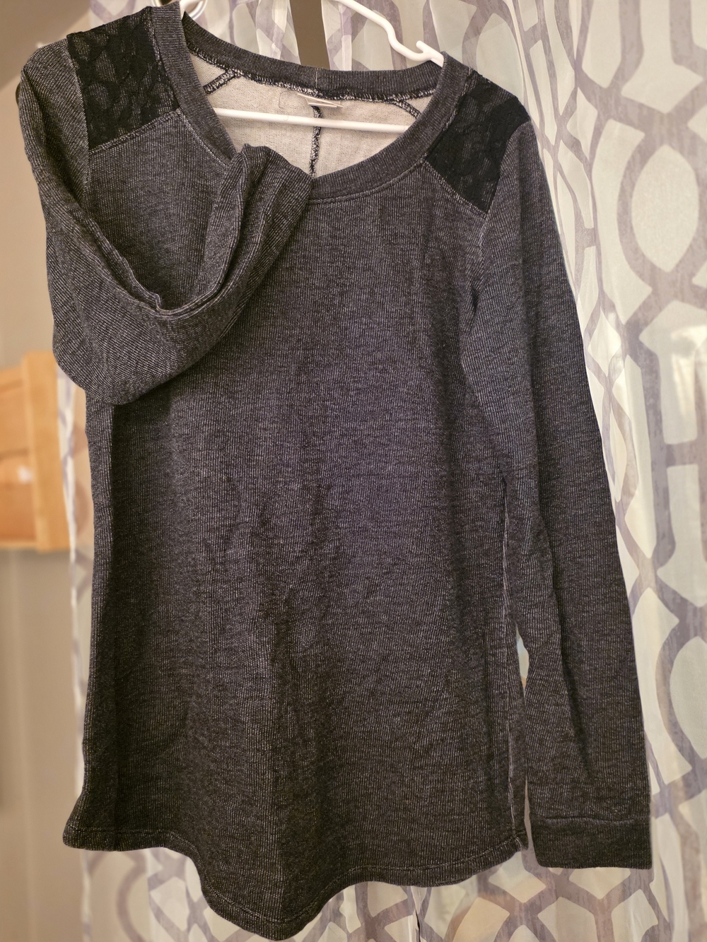 Motherhood Charcoal Gray Long Sleeve Top with Black Lace Shoulders Size M